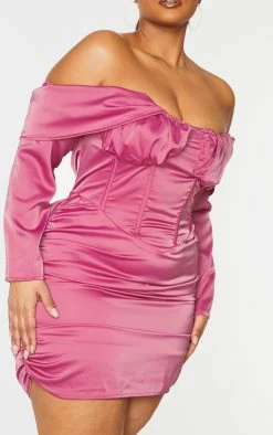 Plus Pink Satin Drape Bardot Sleeve Ruched Back Bodycon Dress -US Dresses Sales Store 388bf95bfe79fef05466df577ac406c8363a74f0 cmu5860 5