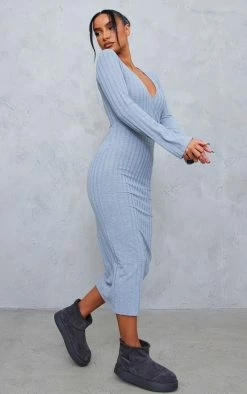 Grey Rib Wrap Midi Dress With Flared Cuff -US Dresses Sales Store 38d003f0a57c79d2db697ee4239baedbf96f639f cnc1138 3