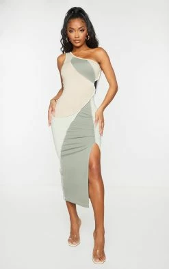 Shape Sage Green Cotton Panel Detail One Shoulder Ruched Midaxi Dress