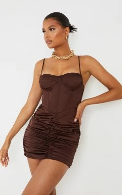 Chocolate Satin Strappy Corset Detail Ruched Skirt Bodycon Dress