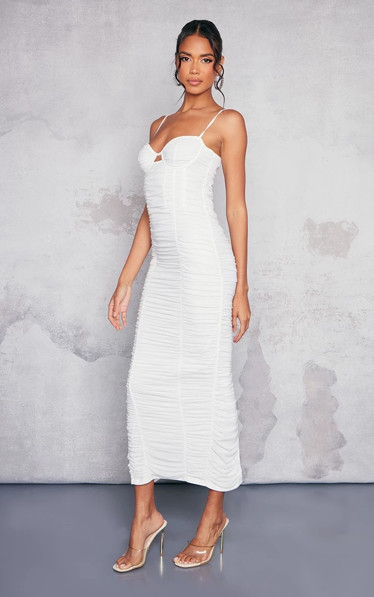 White Mesh Ruched Underwire Detail Strappy Midaxi Dress 5 White Mesh Ruched Underwire Detail Strappy Midaxi Dress - Image 3