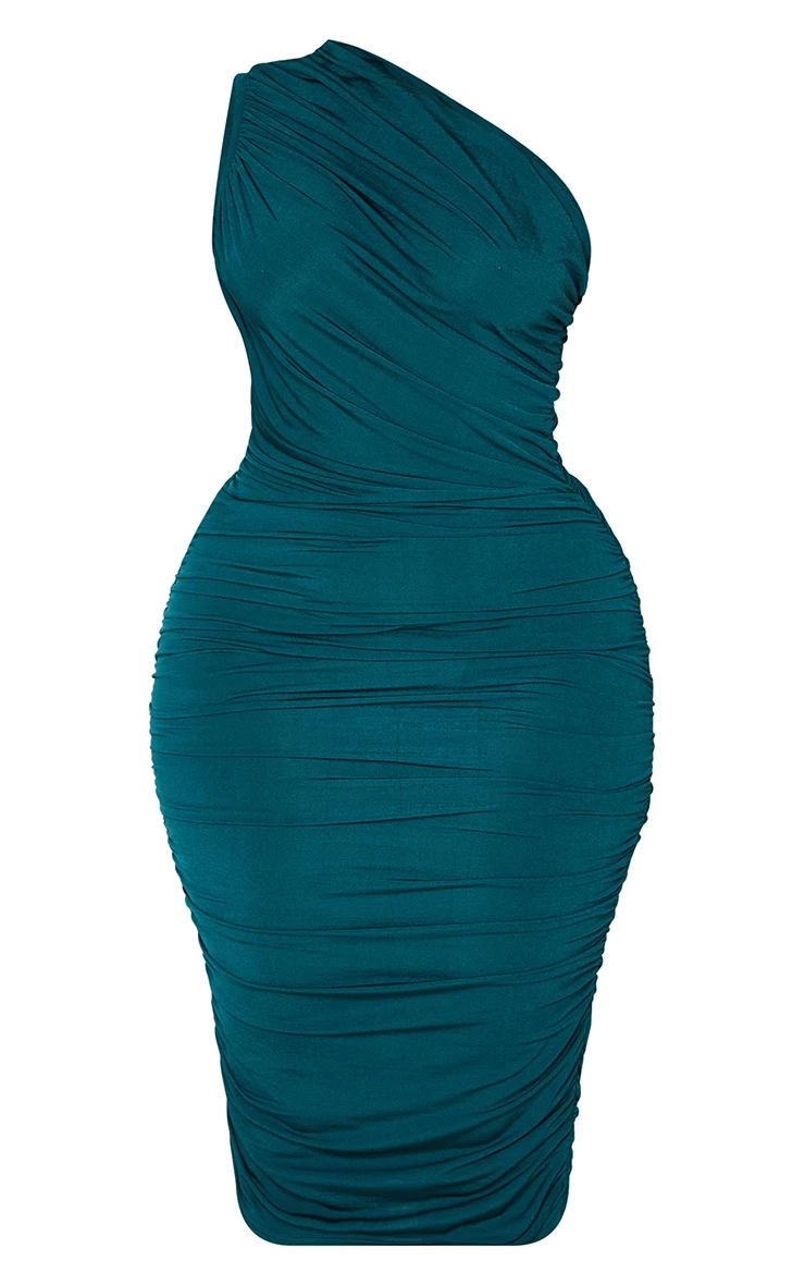 Plus Emerald Green Slinky Ruched One Shoulder Longline Midi Dress 7 Plus Emerald Green Slinky Ruched One Shoulder Longline Midi Dress - Image 5