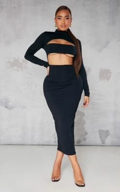 Shape Black Slinky High Neck Cut Out Midaxi Dress