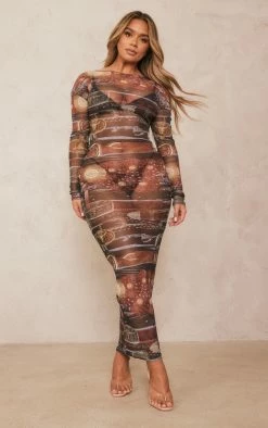 Shape Brown Denim Printed Mesh Long Sleeve Maxi Dress