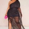 Plus Black Mesh One Shoulder Ruffle Dress