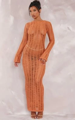 Tan Tassel Knit Open Back Maxi Dress
