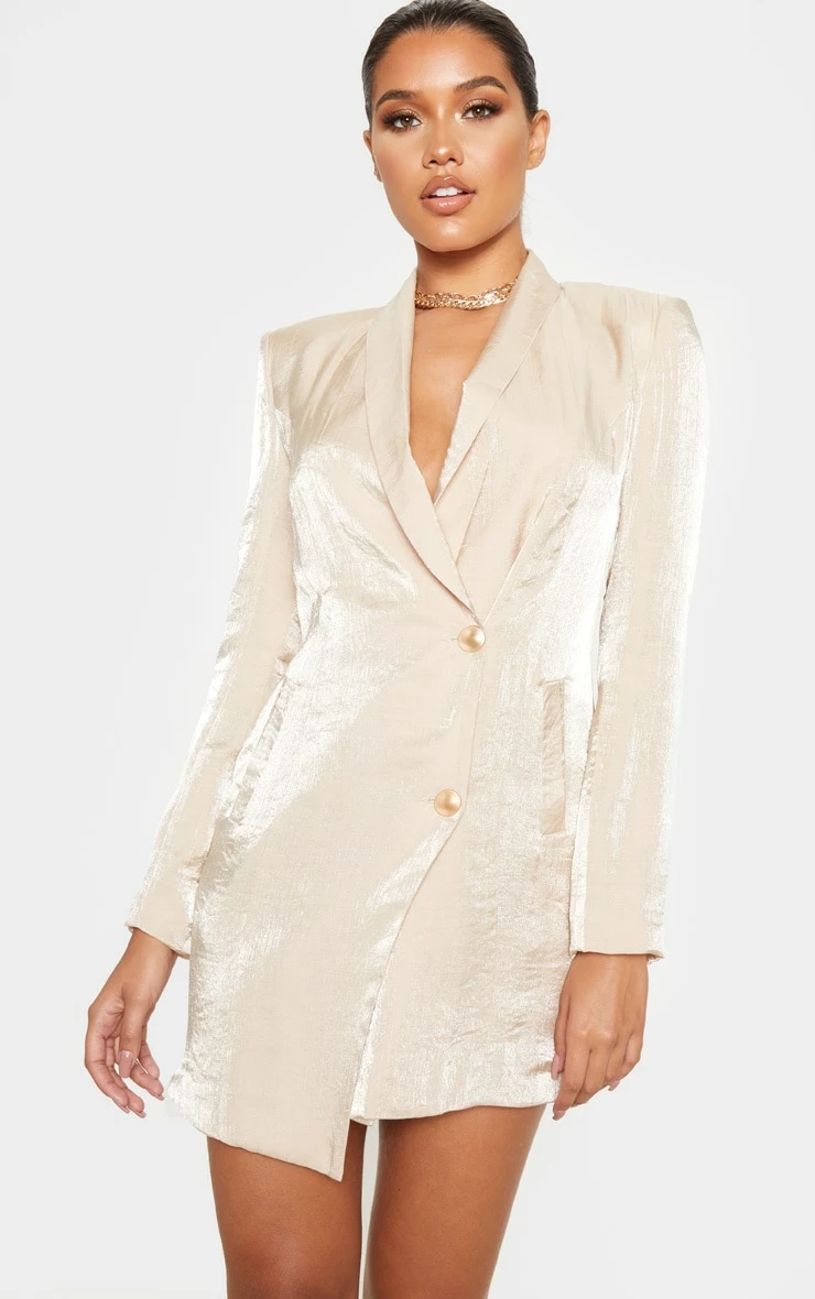 Champagne Pleated Shimmer Gold Button Blazer Dress 6 Champagne Pleated Shimmer Gold Button Blazer Dress - Image 4