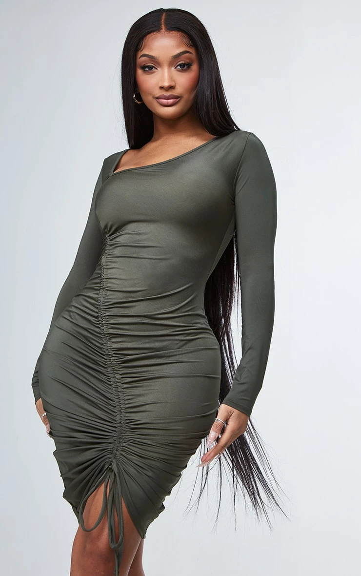 Shape Khaki Slinky Asymmetric Neckline Ruched Bodycon Dress 5 Shape Khaki Slinky Asymmetric Neckline Ruched Bodycon Dress - Image 3