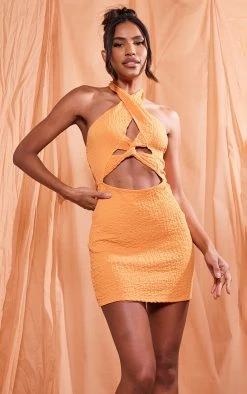 Orange Textured Halter Twist Detail Bodycon Dress -US Dresses Sales Store 4030e5a0eabe022ada4bc5303d61f534e4640dfd cnd5890 3
