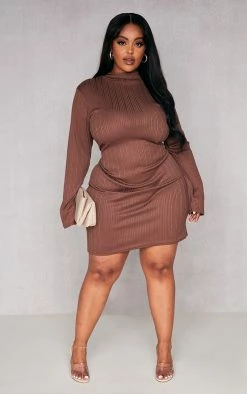 Plus Chocolate Rib High Neck Bodycon Dress -US Dresses Sales Store 40462ce64636d387043fce98d13d86b403720ff6 cnd4820 3