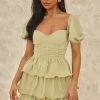 Sage Green Crinkle Cup Detail Tiered Skirt Skater Dress