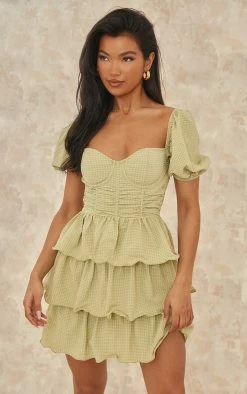 Sage Green Crinkle Cup Detail Tiered Skirt Skater Dress