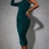 Emerald Green Slinky One Shoulder Ruched Midi Dress