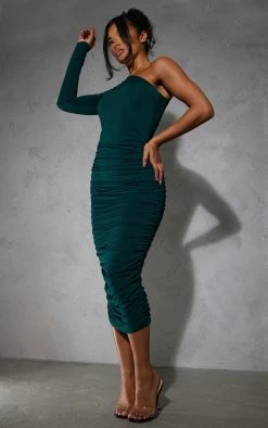 Emerald Green Slinky One Shoulder Ruched Midi Dress