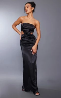 Black Satin Cut Out Bandeau Maxi Dress