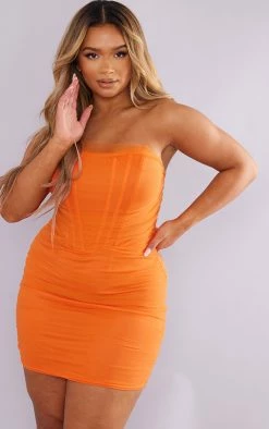 Shape Orange Mesh Corset Detail Ruched Bodycon Dress