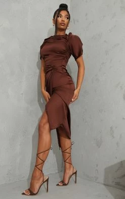 Chocolate Satin Short Sleeve Ruched Midaxi Dress