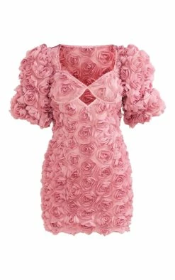 Rose Applique Puff Sleeve Cup Detail Bodycon Dress -US Dresses Sales Store 42d86cc2c53d414f6957802ea186ed2af96972f1 cnd2176 5