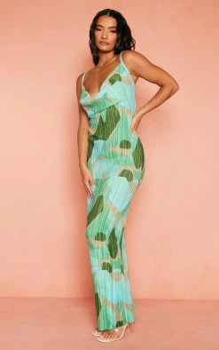 Green Abstract Print Plisse Strappy Maxi Dress