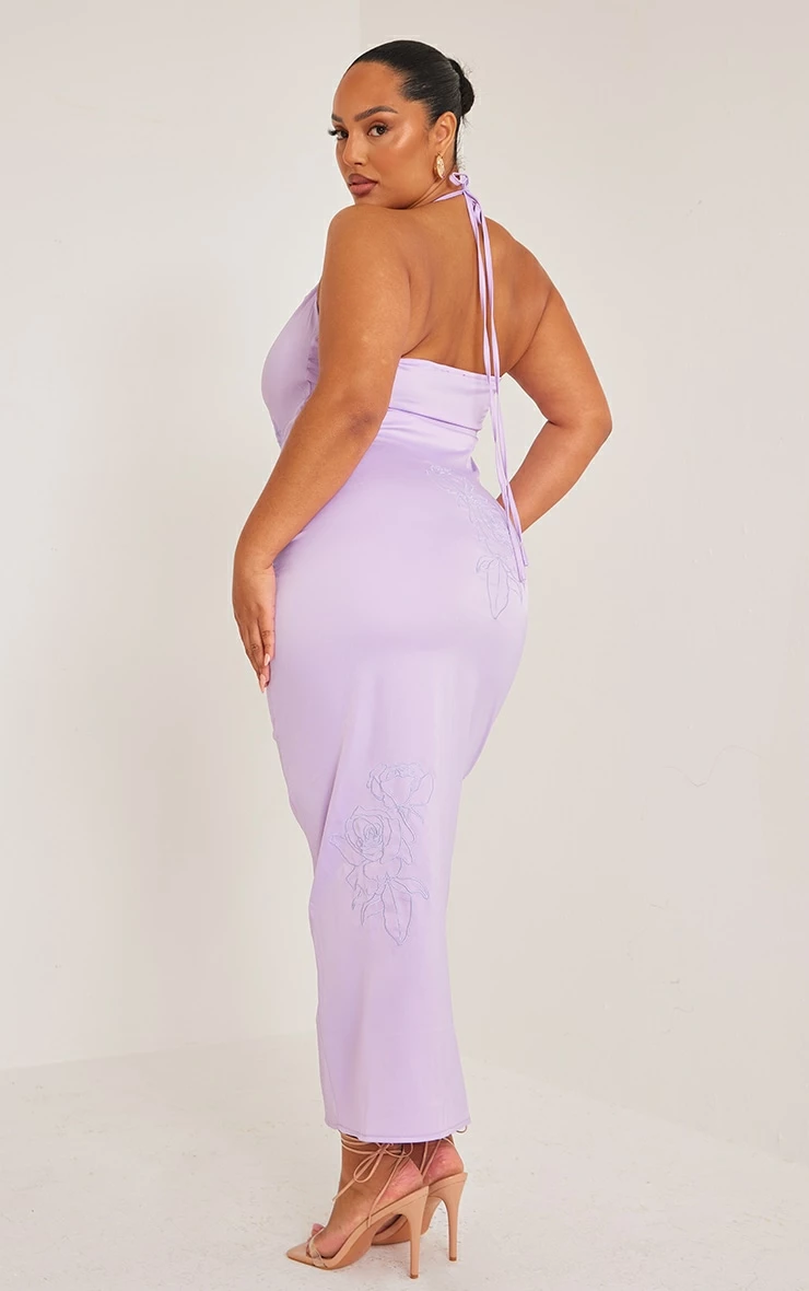 Plus Lilac Halterneck Satin Embroidered Maxi Dress 4 Plus Lilac Halterneck Satin Embroidered Maxi Dress - Image 2