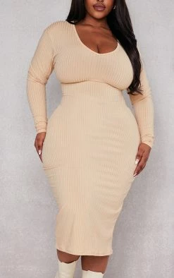 Plus Beige Rib Scoop Neck Long Sleeve Midi Dress -US Dresses Sales Store 44f734c9cd830bed9da2fc22e80765ec315326c5 cnc5152 4