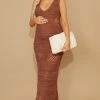 Maternity Chocolate Distressed Side Crochet Maxi Dress