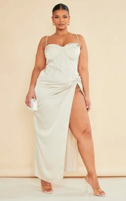 Plus Champagne Satin Drape Bust Midaxi Dress