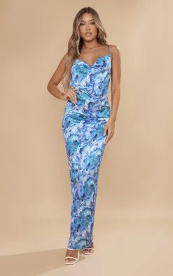 Blue Muted Floral Print Satin Cowl Neck Maxi Dress
