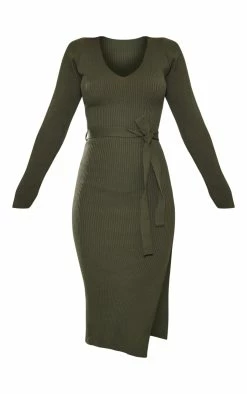 Khaki V Neck Belted Long Sleeve Split Midi Dress -US Dresses Sales Store 46a090fd12d11c95d48f5e619d4d53cb39390d03 cmp8731 5