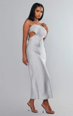 Silver Satin Cut Out Binding Detail Strappy Midi Dress -US Dresses Sales Store 473e62f3023b8521b1273a8b6dd6a1d8de91a813 cnc7628 3
