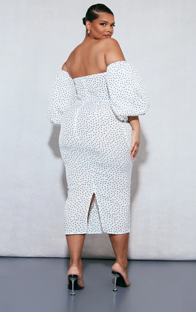 Plus White Polka Dot Bandeau Puff Sleeve Midi Dress 4 Plus White Polka Dot Bandeau Puff Sleeve Midi Dress - Image 2