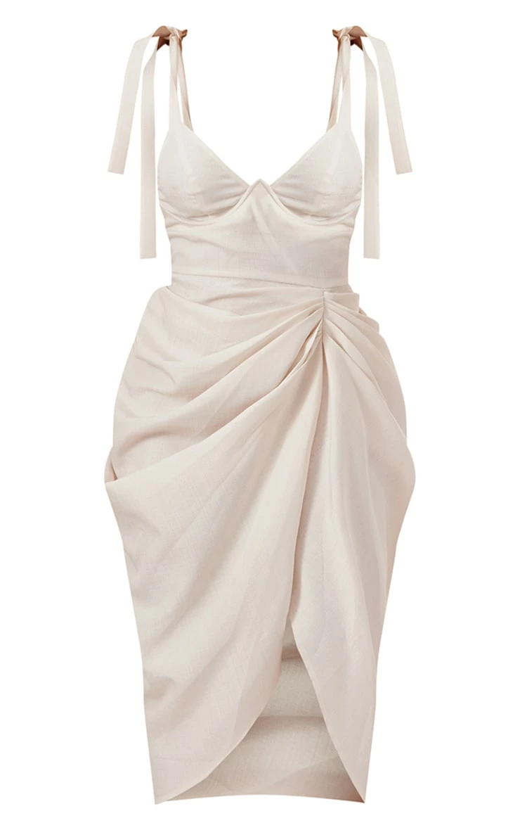 Stone Linen Look Draped Underwire Detail Midi Dress 7 Stone Linen Look Draped Underwire Detail Midi Dress - Image 5