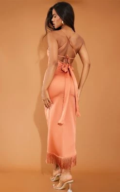 Rust Satin Lace Back Tassel Hem Midi Dress