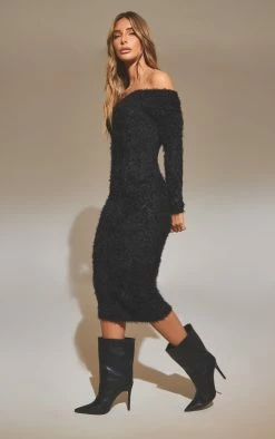Black Eyelash Knit Bardot Midi Dress -US Dresses Sales Store 49fd2fa8dd49a05d11b3033b29c4f071094a12f4 cnd4404 3