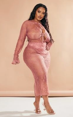 Plus Rose Lace Cut Out Midi Dress