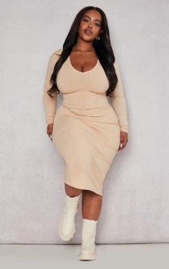Plus Beige Rib Scoop Neck Long Sleeve Midi Dress