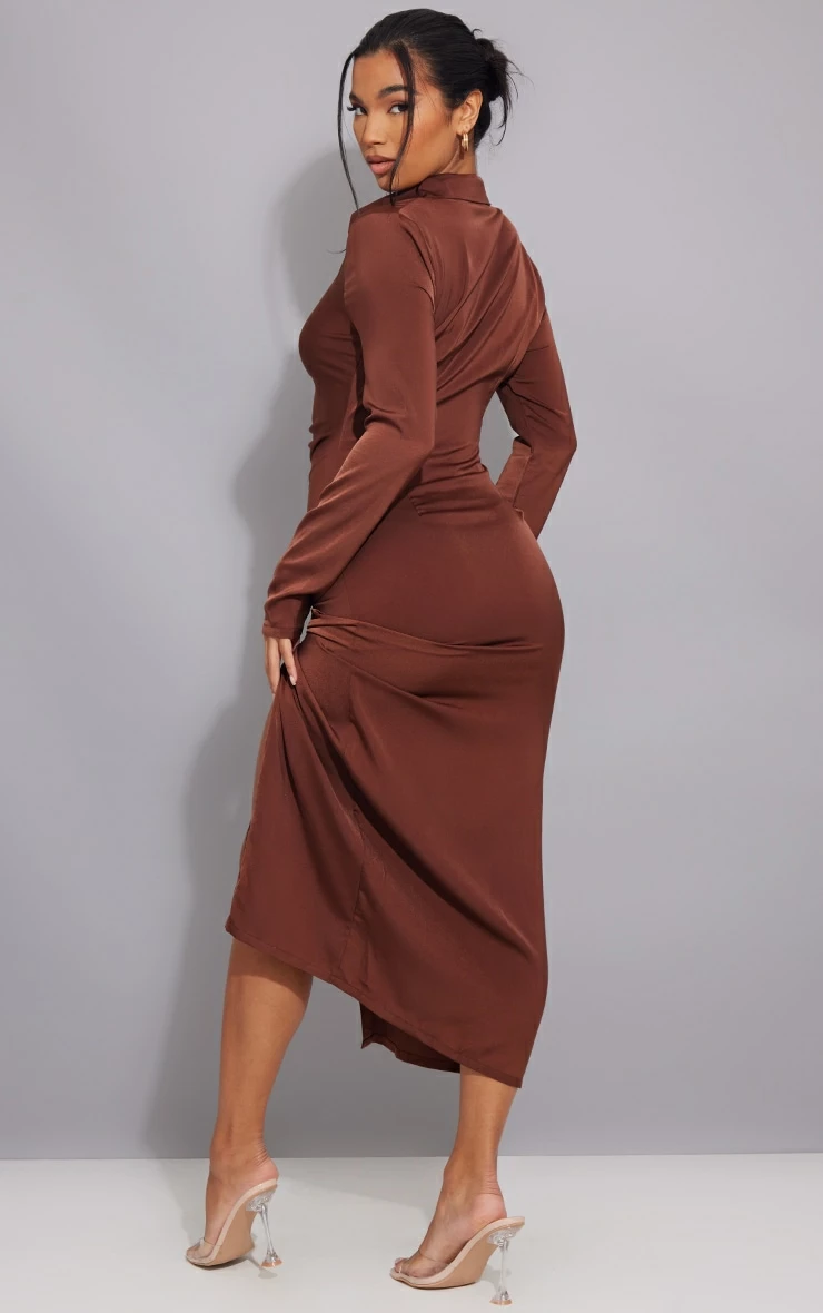 Chocolate Ruched Satin Maxi Shirt Dress 4 Chocolate Ruched Satin Maxi Shirt Dress - Image 2