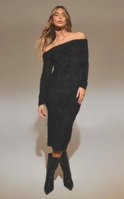 Black Eyelash Knit Bardot Midi Dress