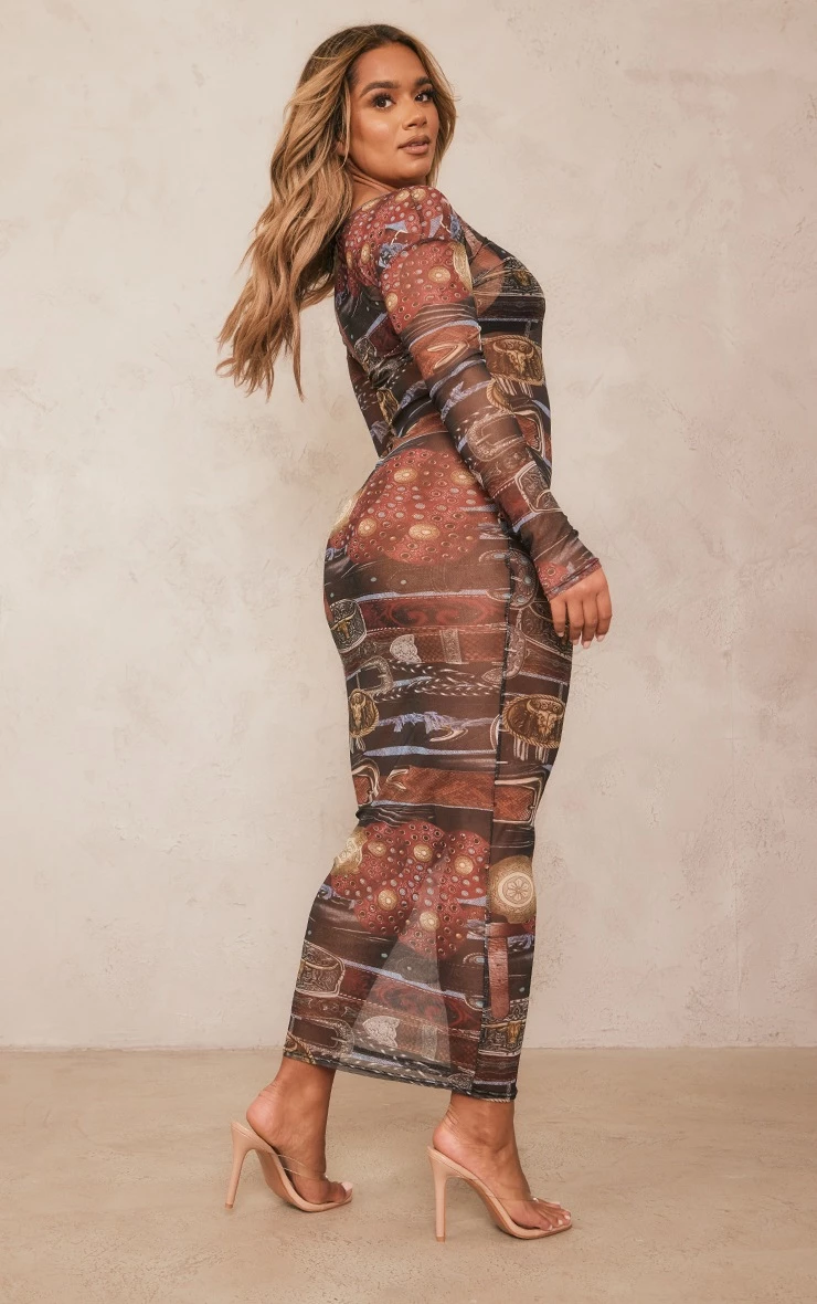 Shape Brown Denim Printed Mesh Long Sleeve Maxi Dress 4 Shape Brown Denim Printed Mesh Long Sleeve Maxi Dress - Image 2