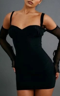 Black Slinky Ruched Bust Mesh Cut Out Sleeve Bodycon Dress -US Dresses Sales Store 4b11290c322789a9912ddce25564f89410685e0a cnc2981 4