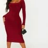 Shape Burgundy Slinky Panelled Long Sleeve Midi Dress