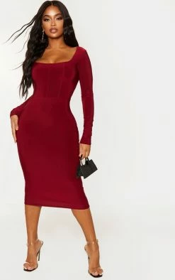 Shape Burgundy Slinky Panelled Long Sleeve Midi Dress