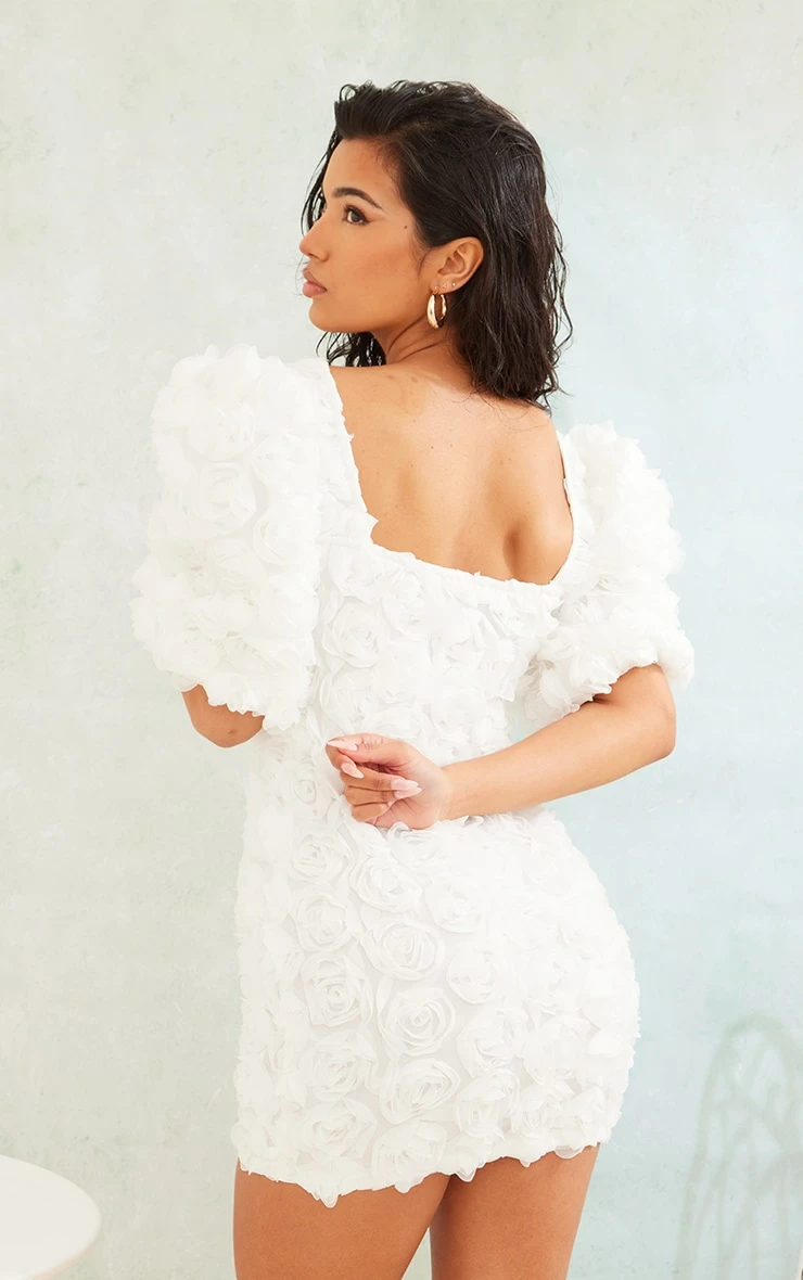 White Rose Applique Puff Sleeve Cup Detail Bodycon Dress 4 White Rose Applique Puff Sleeve Cup Detail Bodycon Dress - Image 2