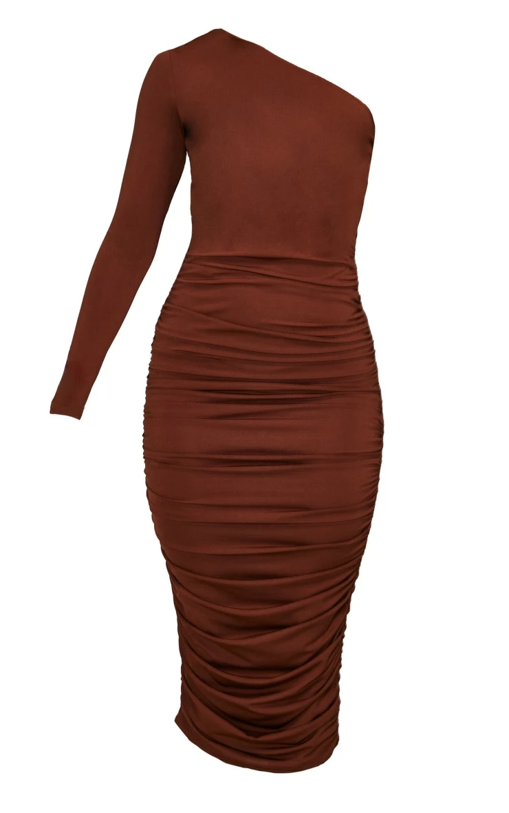 Chocolate Slinky One Shoulder Ruched Midi Dress 7 Chocolate Slinky One Shoulder Ruched Midi Dress - Image 5