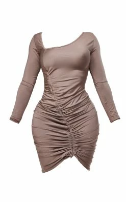 Shape Taupe Slinky Asymmetric Neckline Ruched Bodycon Dress -US Dresses Sales Store 4dc1228afd6a9a4dc3b2fbeaaff48e9951eccb13 cnc8791 5