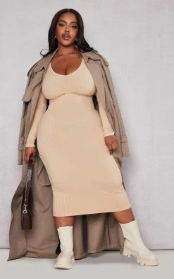 Plus Beige Rib Scoop Neck Long Sleeve Midi Dress -US Dresses Sales Store 4f04962de5ffc30f955f7fb358edb0e2fa292aeb cnc5152 3