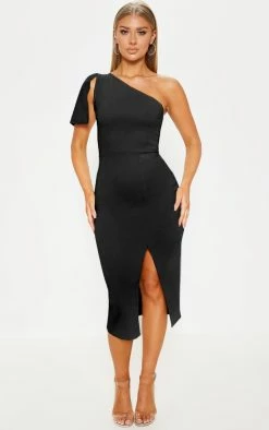 Black One Shoulder Bow Detail Midi Dress