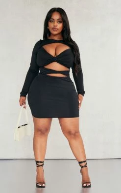 Plus Black Longsleeve Cut Out Bodycon Dress