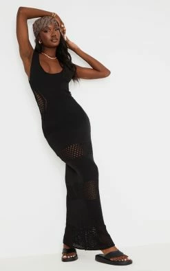 Tall Black Crochet Plunged Maxi Dress