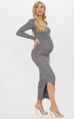 Maternity Slate Ribbed Long Sleeve Side Split Maxi Dress -US Dresses Sales Store 5434c803850b2387ccabee8b7016e852ade396c1 cmp4022 4